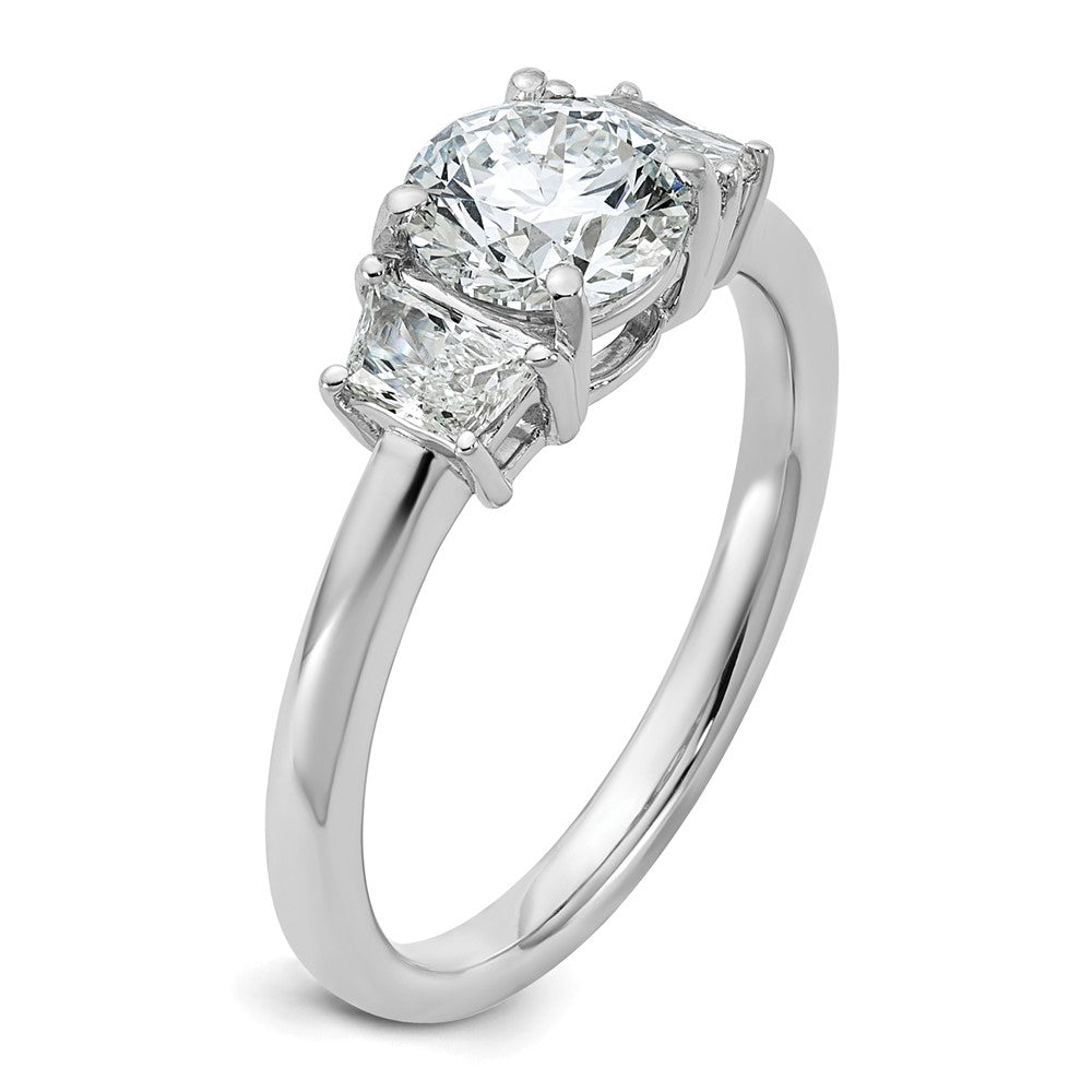 14K White Gold 1 3/8 carat Lab Grown Diamond VS+ F+ Round with Trapezoid Sidestones Complete Engagement Ring