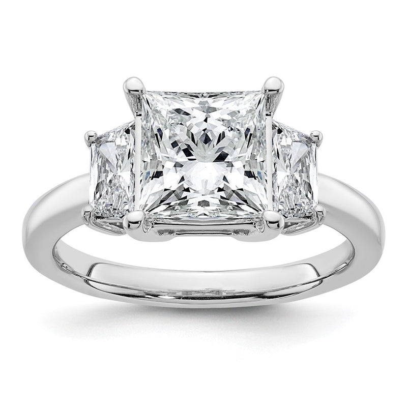 14K White Gold 3/4 carat Lab Grown Diamond VS+ F+ Trapezoid 2 1/2 carat Princess Center Semi Mount Three Stone Engagement Ring