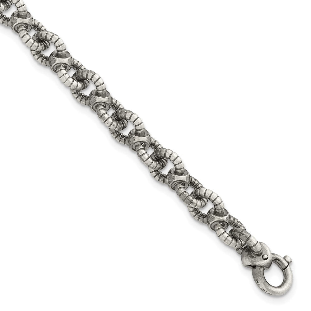 Sterling Silver Black Ruthenium-plated Brushed Fancy Textured Cable Link Mens Chain Bracelet