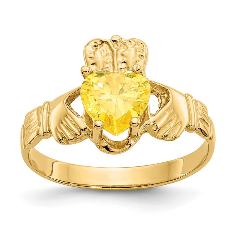 14K Yellow Gold November CZ Heart Birthstone Claddagh Ring
