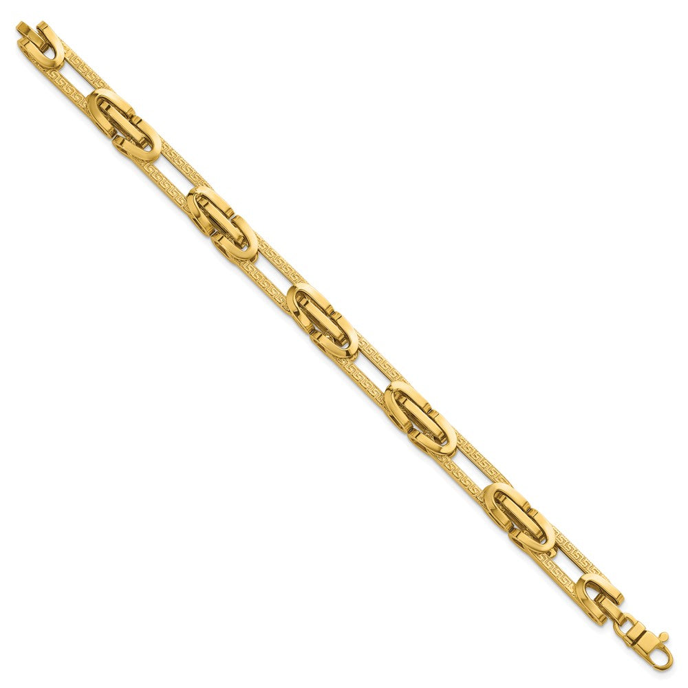 14K Yellow Gold Polished and Textured 7.6mm Fancy Greek Key Design Oval Link 7.25 Inch Bracelet