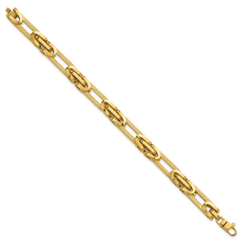 14K Yellow Gold Polished and Textured 7.6mm Fancy Greek Key Design Oval Link 7.25 Inch Bracelet