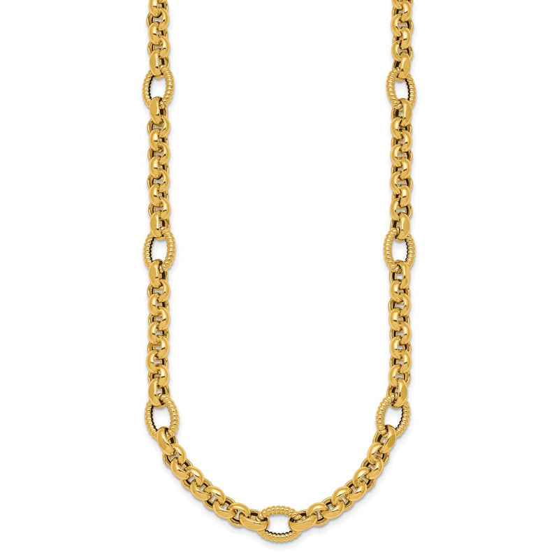 14K Yellow Gold Polished and Textured Rolo and Oval Fancy Chain 18 Inch Necklace