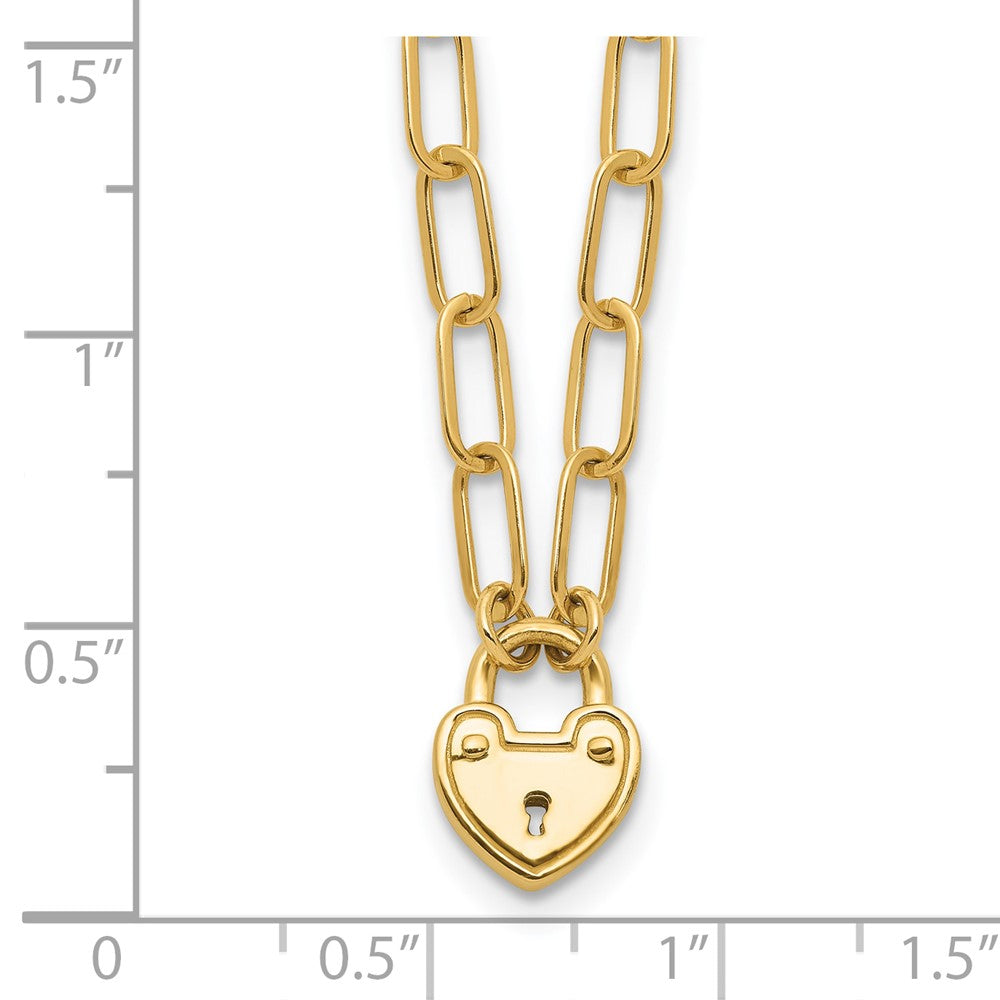 14K Yellow Gold Polished Heart Lock Charm Paperclip Link 17.25 Inch Necklace