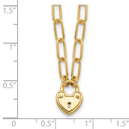 14K Yellow Gold Polished Heart Lock Charm Paperclip Link 17.25 Inch Necklace