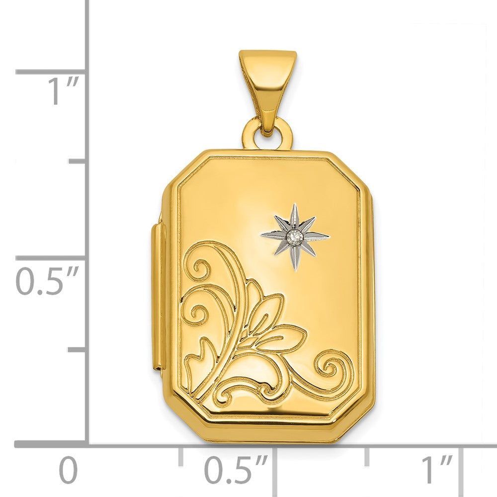 14K Yellow Gold Half Point Diamond Polished Floral And Star 20mm Rectangle Locket