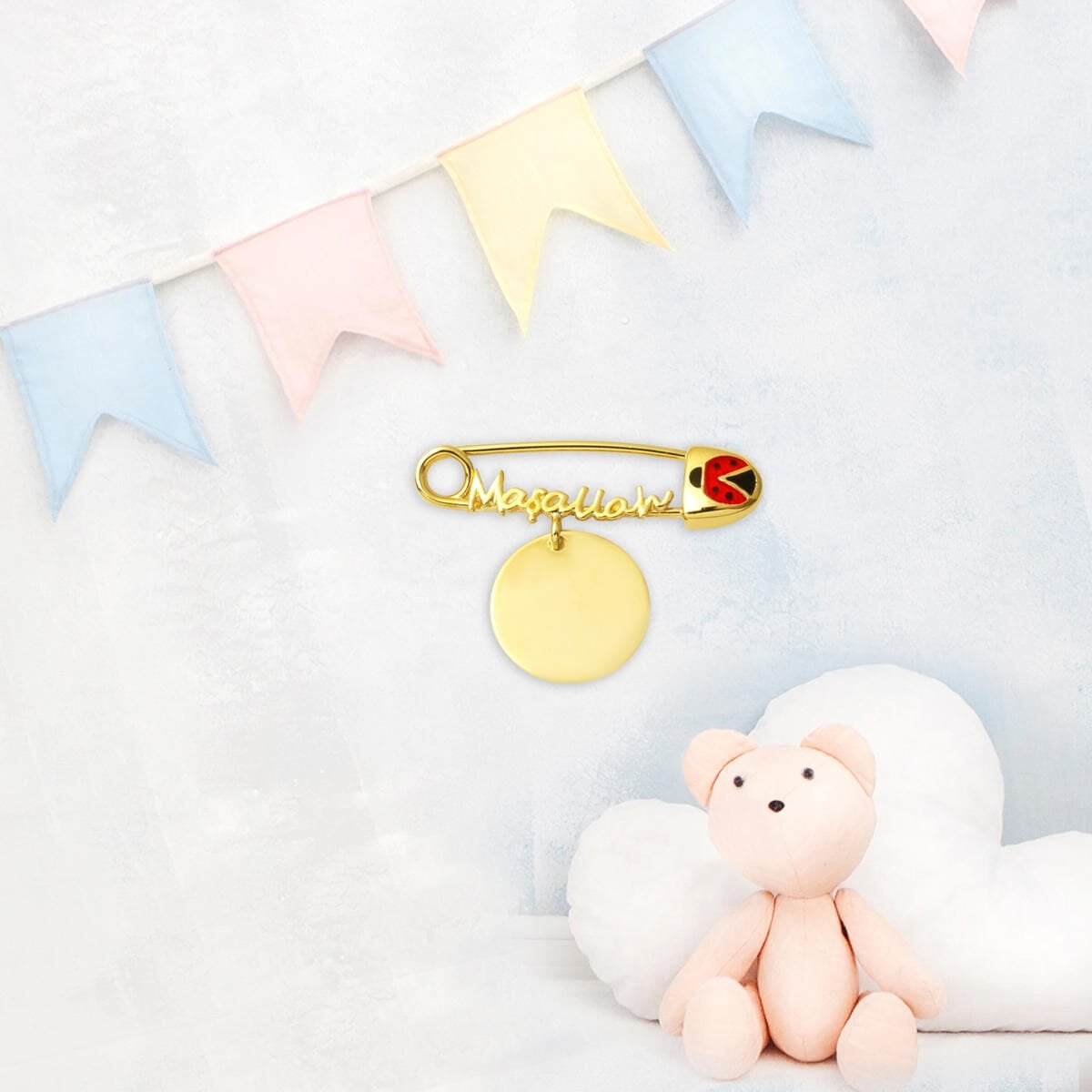 14K Green Gold Personalized Custom Text Mashallah Safety Pin
