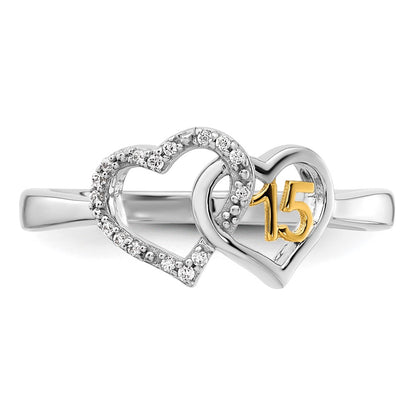 14K Two-Tone Gold Two-tone Polished Diamond Quinceanera Double Heart Ring