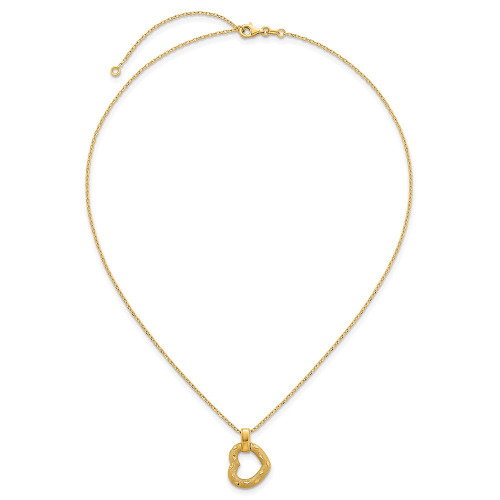 14K Yellow Gold Polished Textured and Diamond-cut Fancy Heart Pendant 16 Inch Necklace with 2.25 Inch Extender