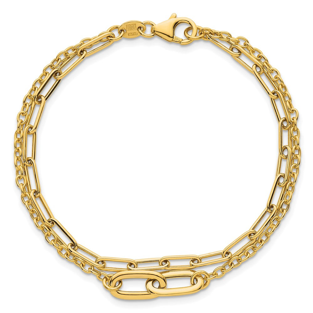 14K Yellow Gold Polished Paperclip and Oval Cable Link Double Strand Chain Bracelet