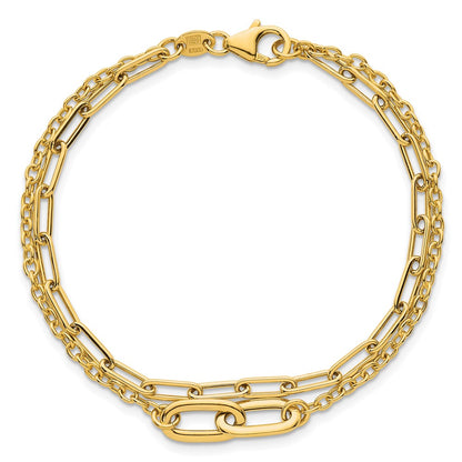 14K Yellow Gold Polished Paperclip and Oval Cable Link Double Strand Chain Bracelet