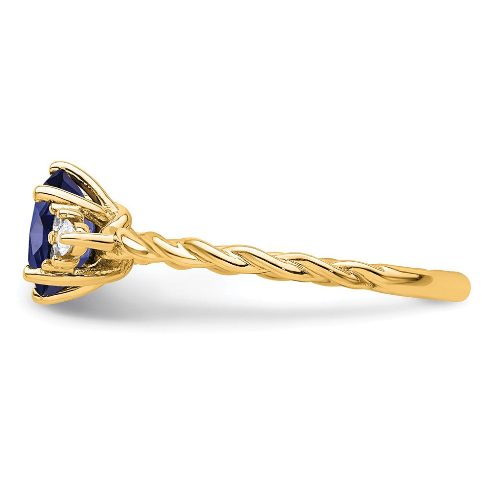 14K Yellow Gold Diamond and 7x5 Oval September/Lab Created Sapphire Size 7 Twisted Ring