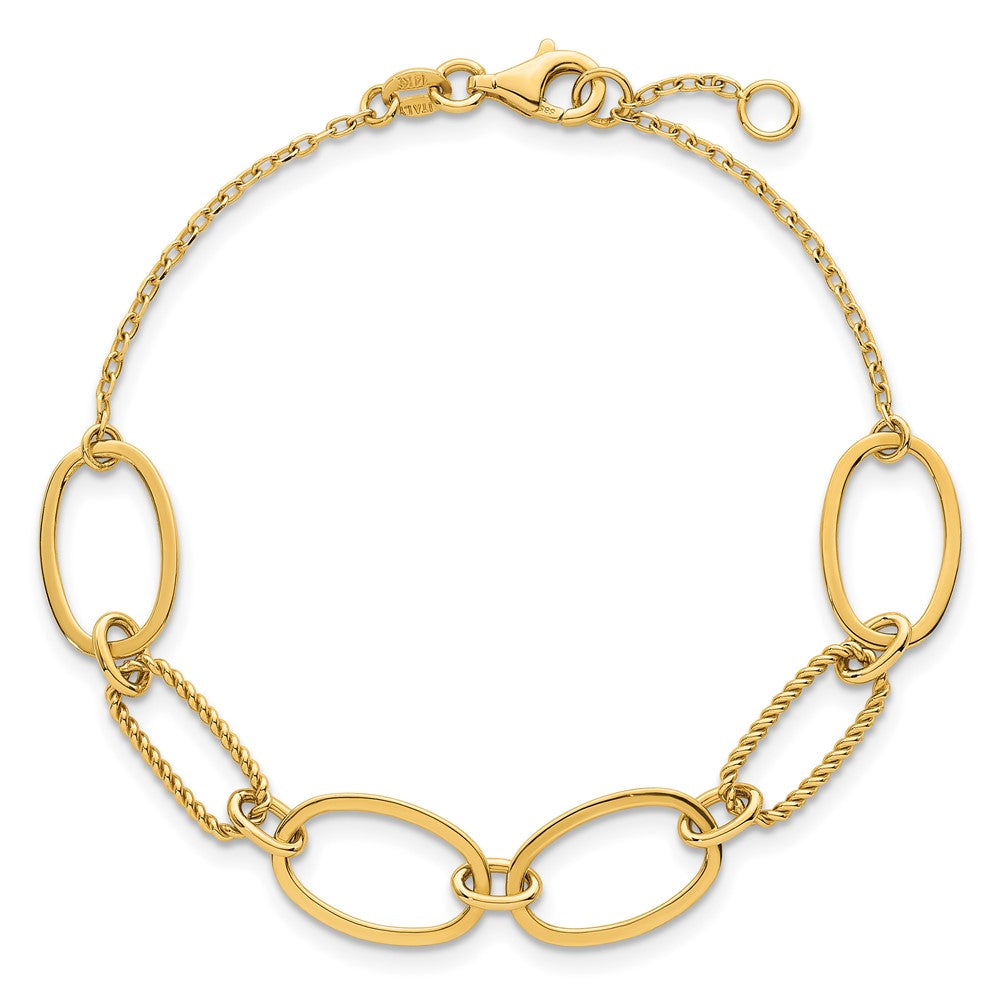 14K Yellow Gold Polished And Twisted 9.5mm Oval Links 6.75 Inch Bracelet Plus 0.5 Inch Extender