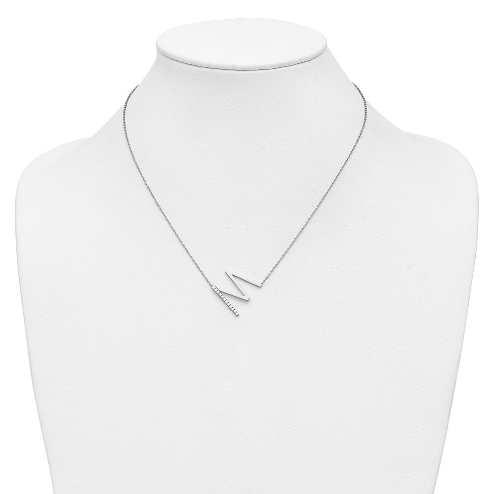 14K White Gold Sideways Diamond Initial M 18 Inch Necklace