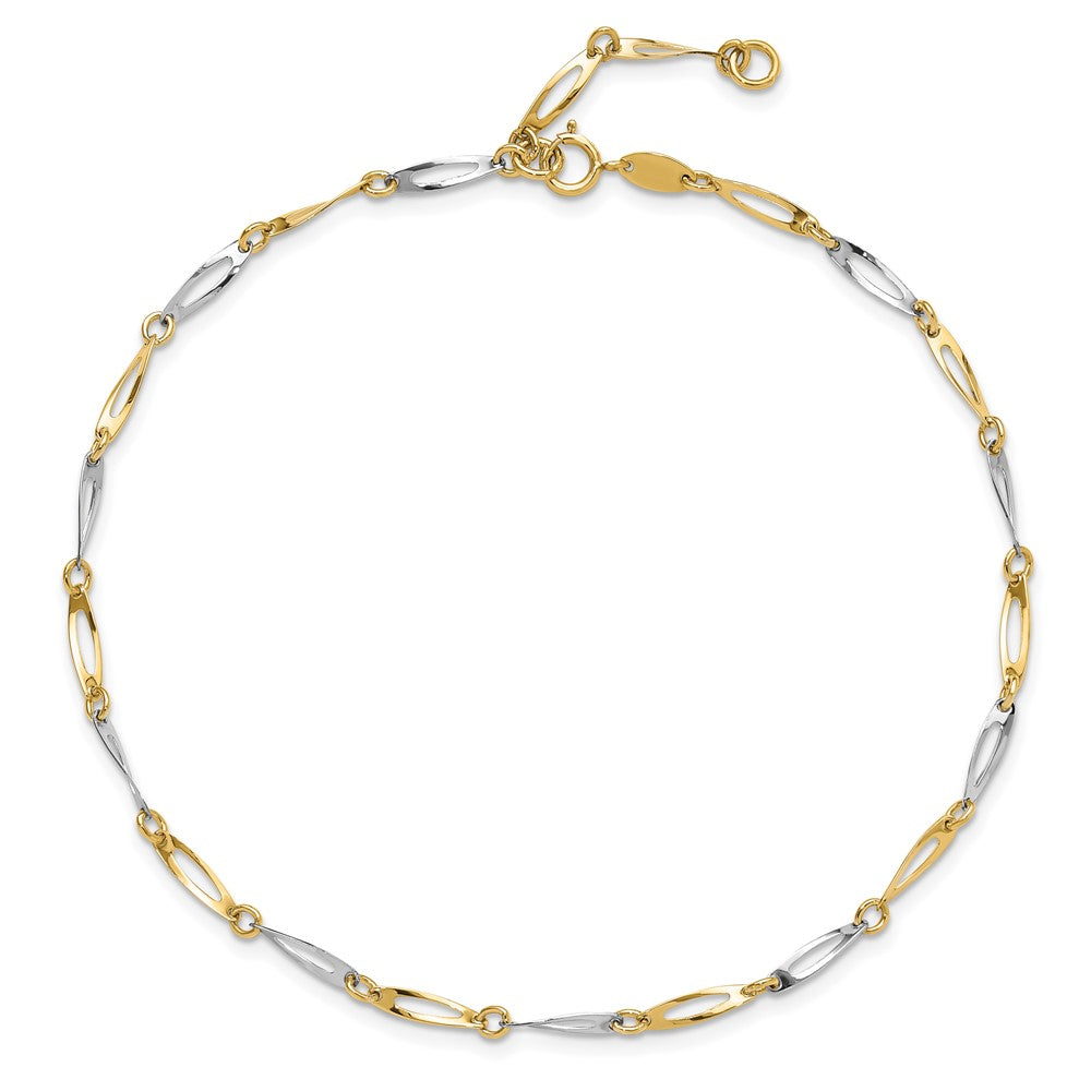 14K Two-Tone Gold Polished Oval Twist Link Plus Extender Total Chain Anklet