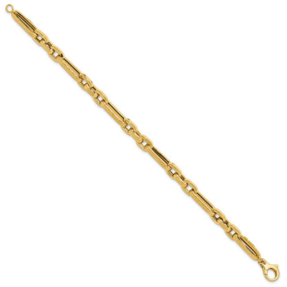 14K Yellow Gold Polished and Textured 7.2mm Greek Key Design Figaro Cable Link 8 Inch Bracelet