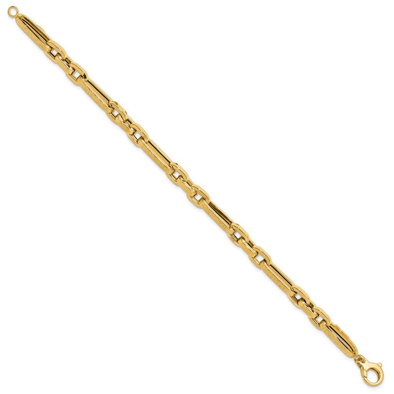 14K Yellow Gold Polished and Textured 7.2mm Greek Key Design Figaro Cable Link 8 Inch Bracelet