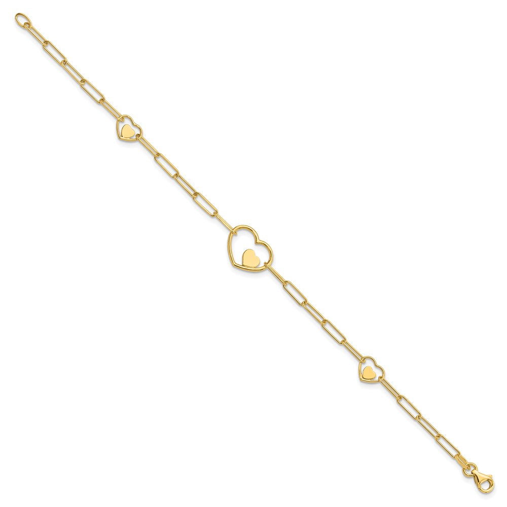 14K Yellow Gold Double Hearts and Paperclip Links Chain Bracelet