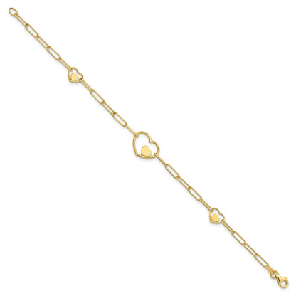 14K Yellow Gold Double Hearts and Paperclip Links Chain Bracelet