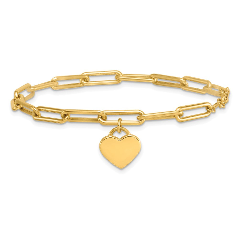 14K Yellow Gold Polished Flat Dangle 11mm Heart Paperclip Link 7.5 Inch Bracelet