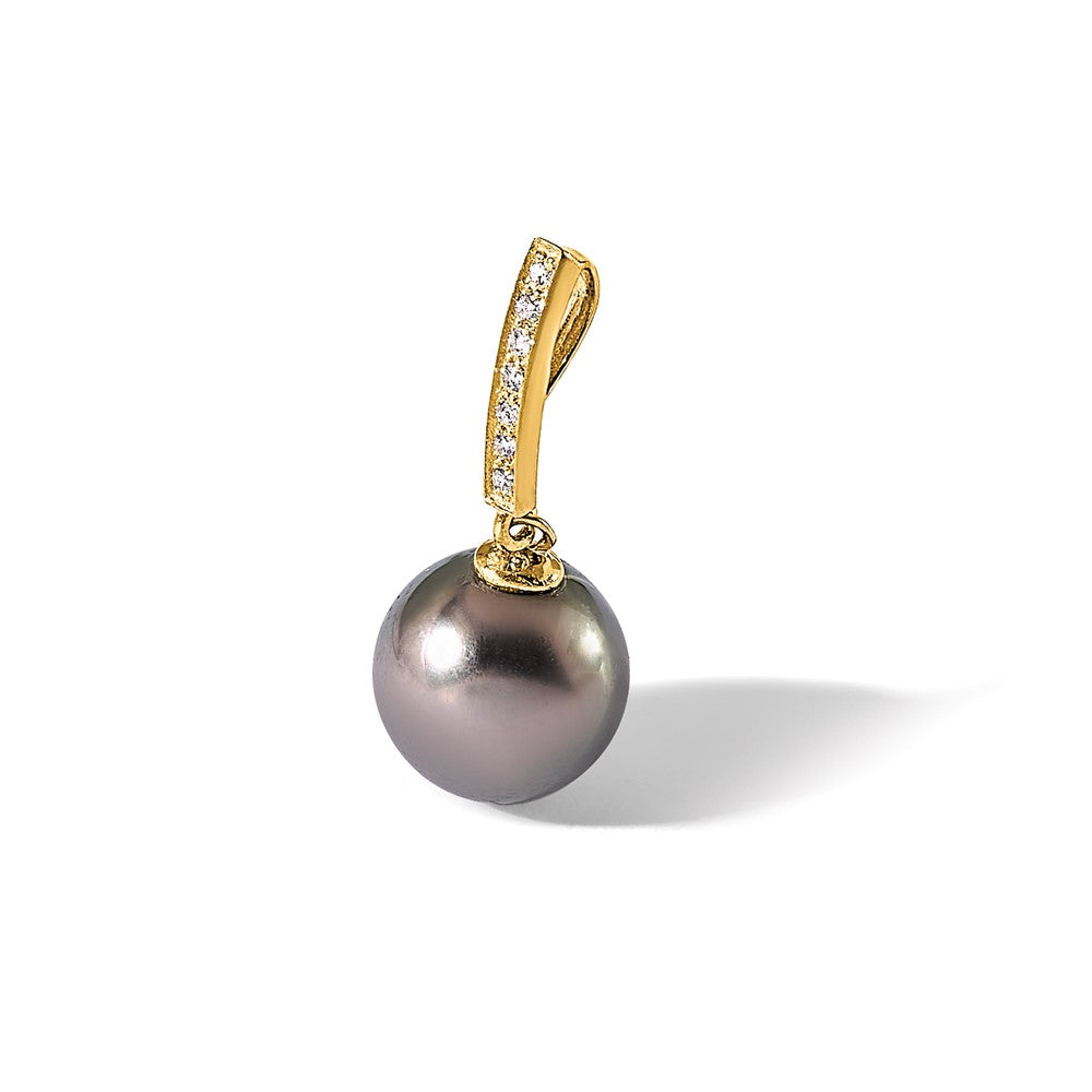 14K Yellow Gold 10-11mm Black Round Tahitian Saltwater Cultured Pearl and .07 Carat Diamond Dangle Chain Slide
