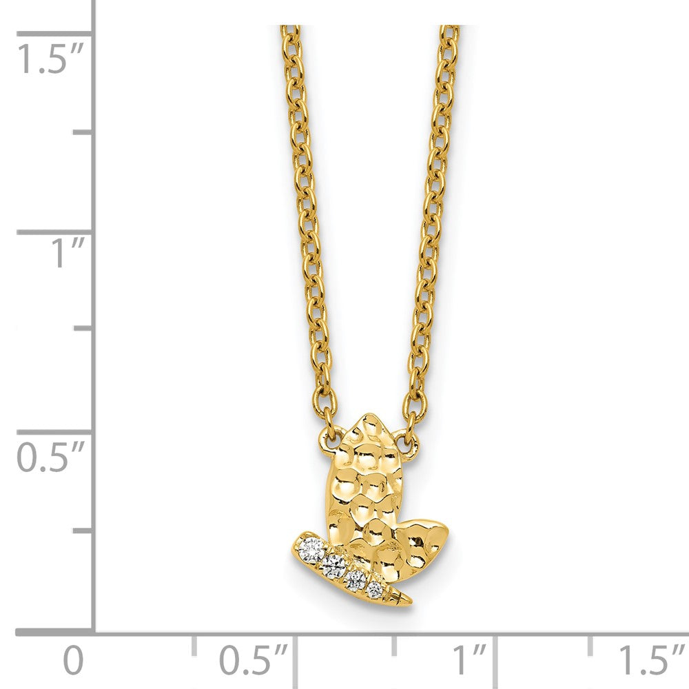 14K Yellow Gold Polished and Hammered 1/20 carat Diamond Butterfly 18 Inch Necklace