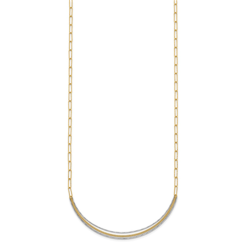 14K Two-Tone Gold Textured Woven Curved Bar with Long Link 17 Inch Necklace Plus 2 Inch Extender