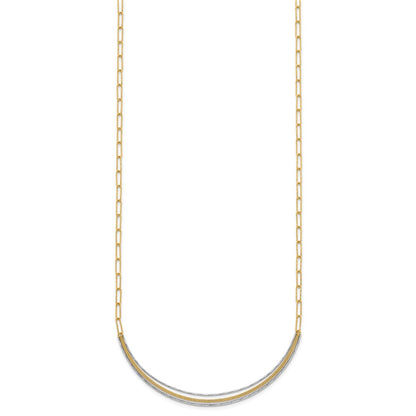 14K Two-Tone Gold Textured Woven Curved Bar with Long Link 17 Inch Necklace Plus 2 Inch Extender