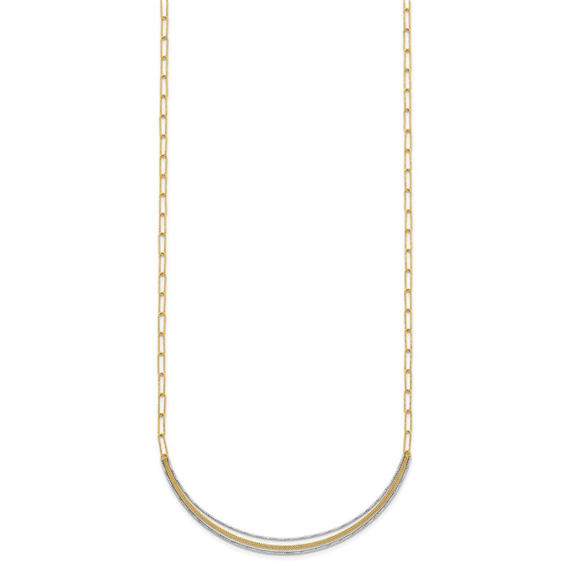 14K Two-Tone Gold Textured Woven Curved Bar with Long Link 17 Inch Necklace Plus 2 Inch Extender
