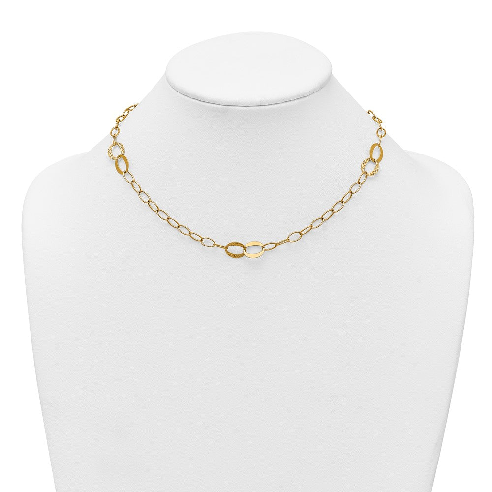 14K Yellow Gold Polished and Textured Fancy Oval Link 3-Station 16.75 Inch Necklace