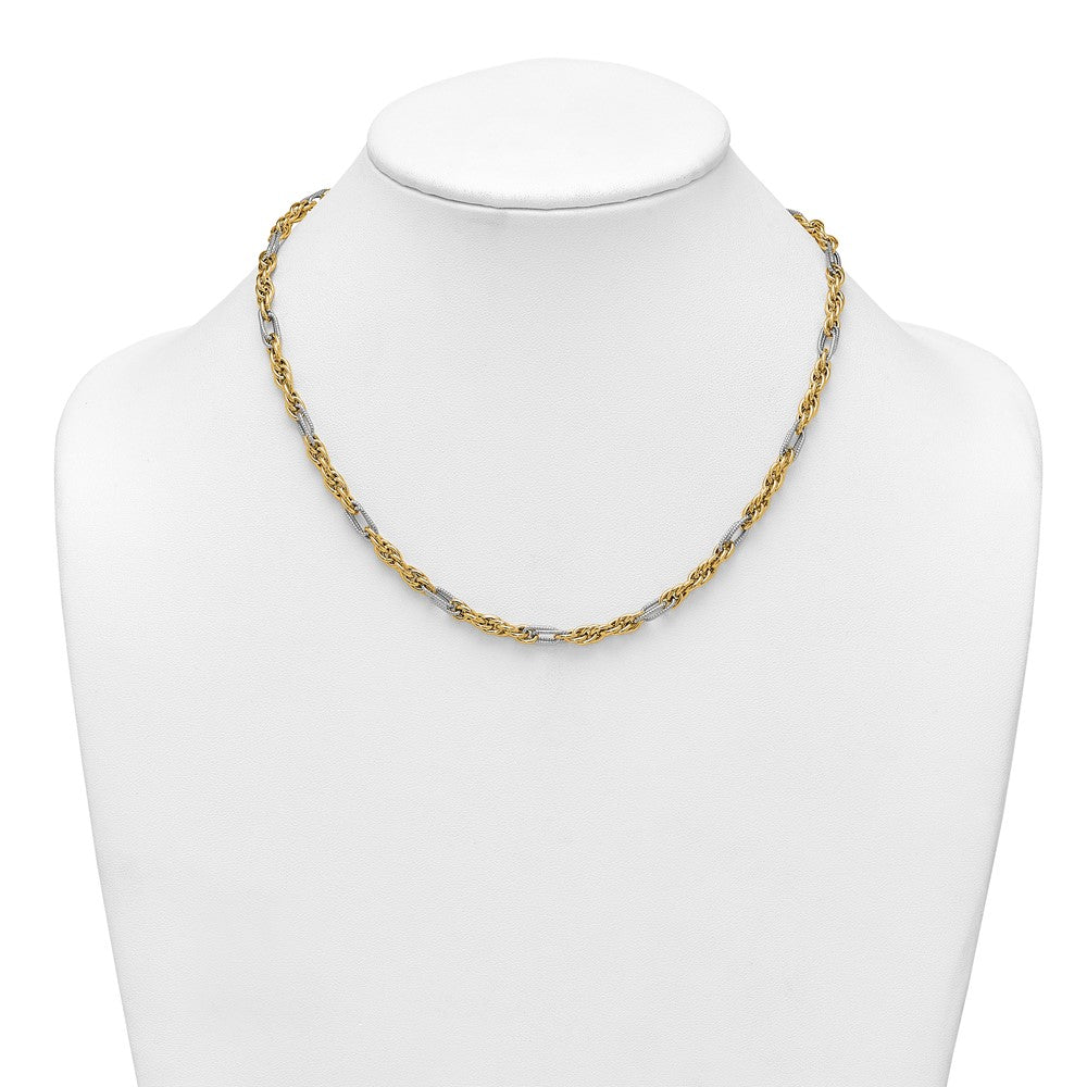 14K Yellow Gold with Rhodium Polished 4.2mm Fancy Rope Chain 18 Inch Necklace