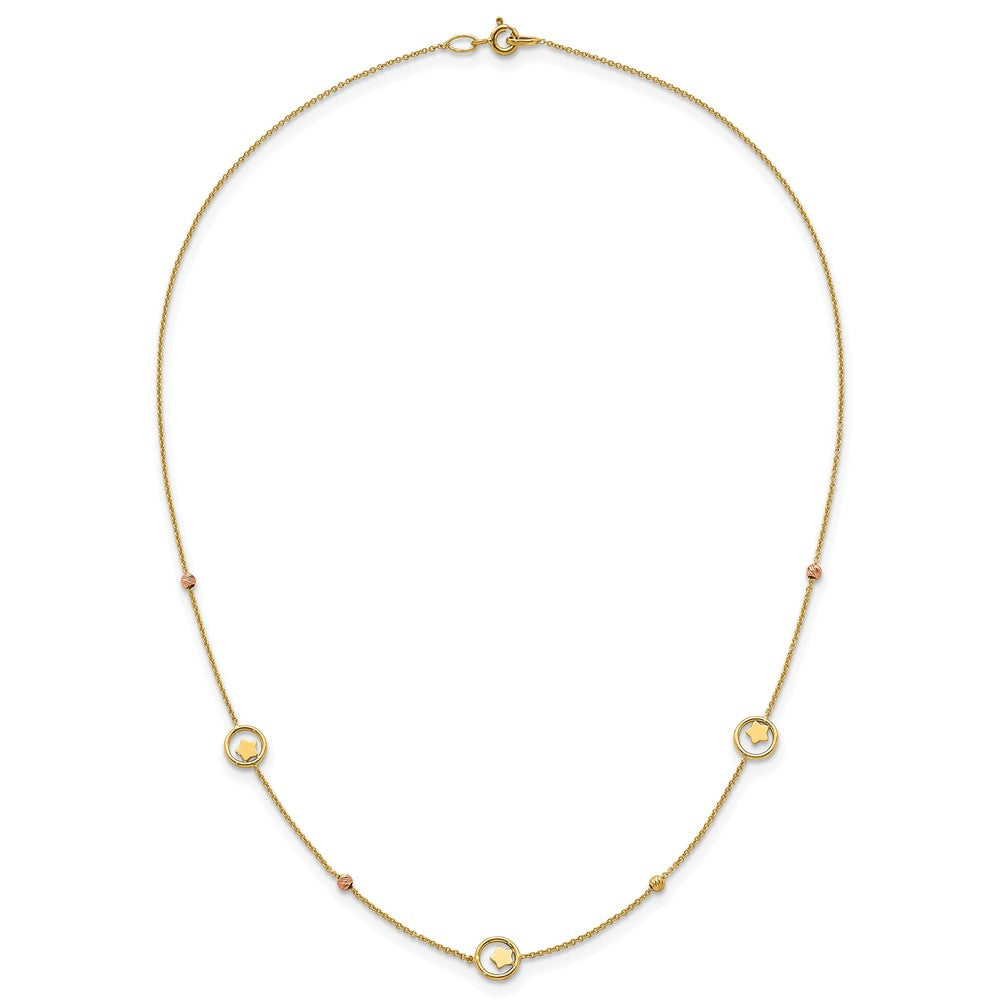 14K Yellow Gold Polished Stars in Circle with Diamond-cut Beads 7-Station 16.75 Inch Necklace