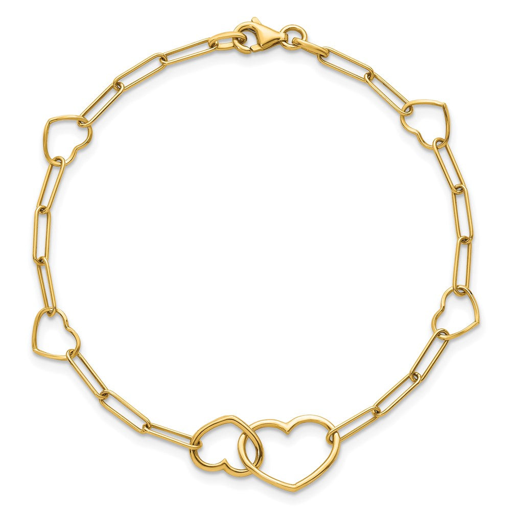 14K Yellow Gold Polished Double Hearts and Paper Clip Links 7.5 Inch Bracelet