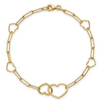 14K Yellow Gold Polished Double Hearts and Paper Clip Links 7.5 Inch Bracelet