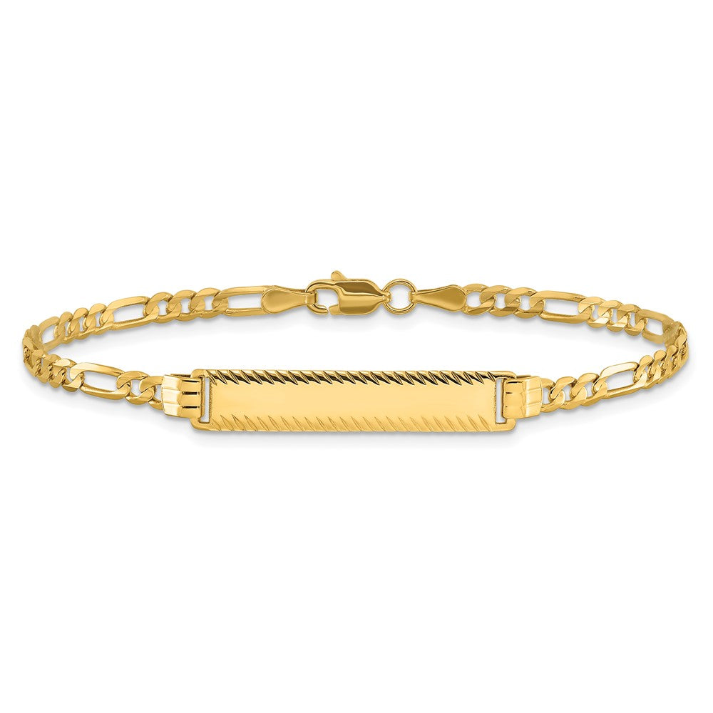 14K Yellow Gold Polished Solid Chain/Solid Plate 3.0mm Figaro Link Diamond-cut 27x5.5mm Plate 8 Inch ID Bracelet