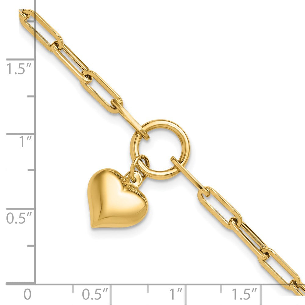 14K Yellow Gold Polished Puffed Heart Dangle Paper Clip Link 7.25 Inch Bracelet