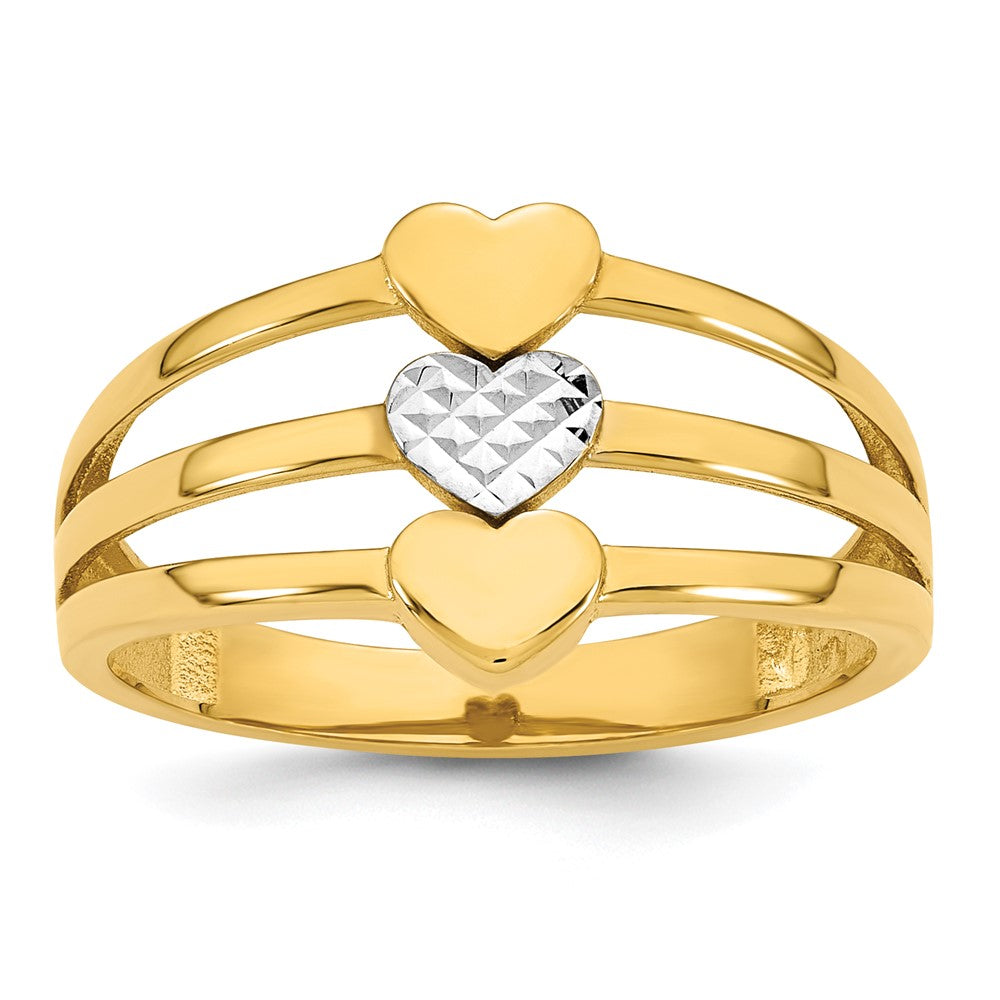 14K Yellow Gold with Rhodium Polished and Diamond-cut Three Hearts Size 7 Ring