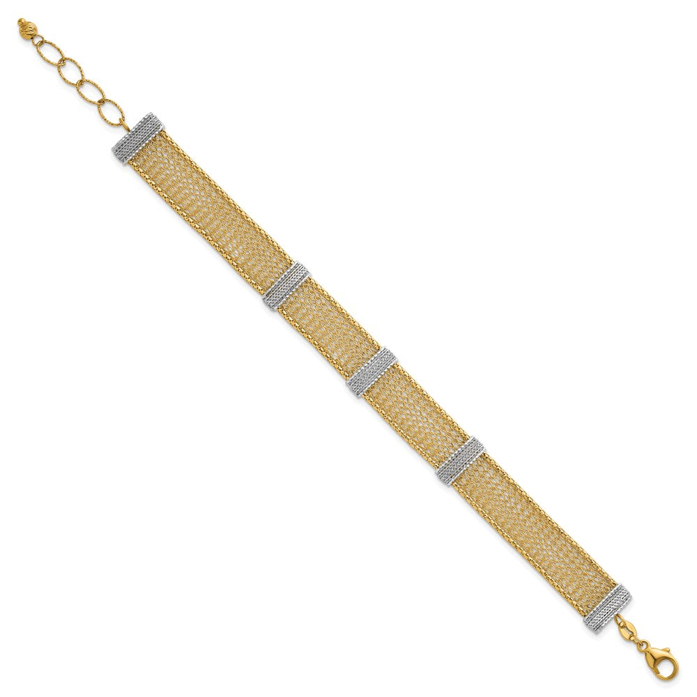 14K Two-Tone Gold Two-tone Textured 10.6mm Mesh 6.75 Inch Bracelet Plus 1 Inch Extender