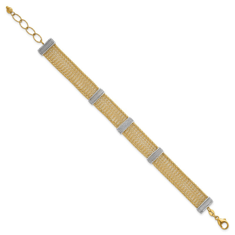 14K Two-Tone Gold Two-tone Textured 10.6mm Mesh 6.75 Inch Bracelet Plus 1 Inch Extender