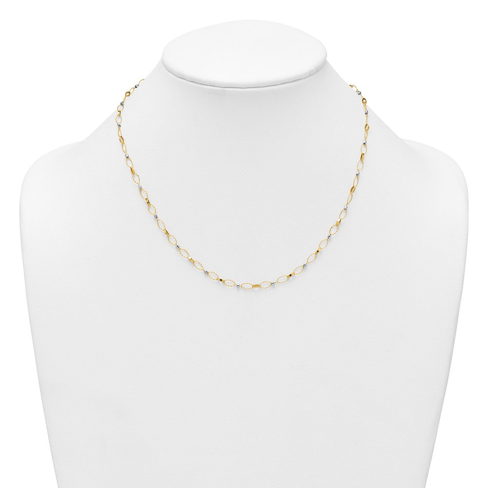 14K Two-Tone Gold Two-tone Polished and Twisted Fancy Oval Links and Faceted Beads 18 Inch Necklace