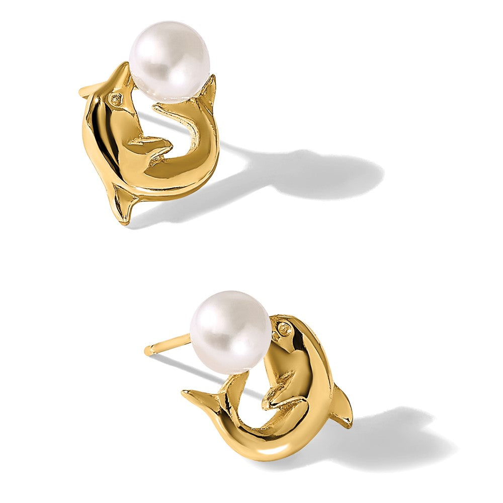 14K Yellow Gold 5-6mm Button Freshwater Cultured Pearl Dolphin Post Earrings