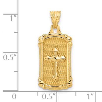 14K Yellow Gold Polished and Textured Dog Tag Cross Pendant