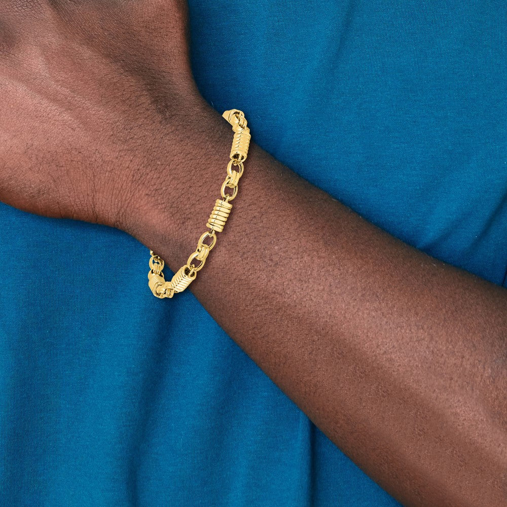 14K Yellow Gold Polished and Grooved 5.4mm Fancy Link 8.5 Inch Mens Bracelet