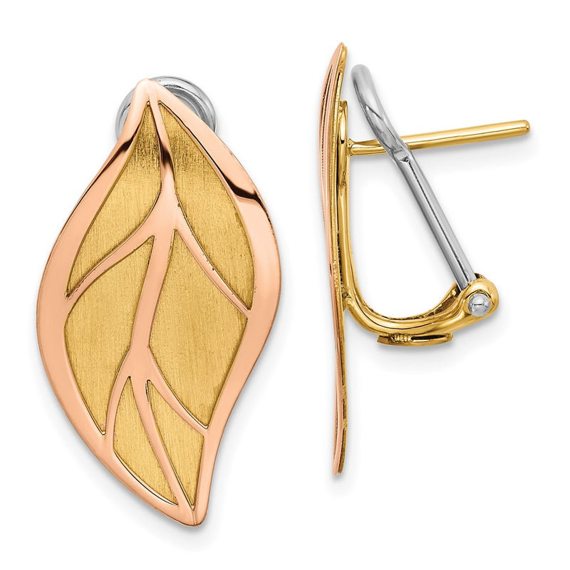 14K Two-Tone Gold Two-tone and Polished and Brushed Leaf Omega Back Post Earrings