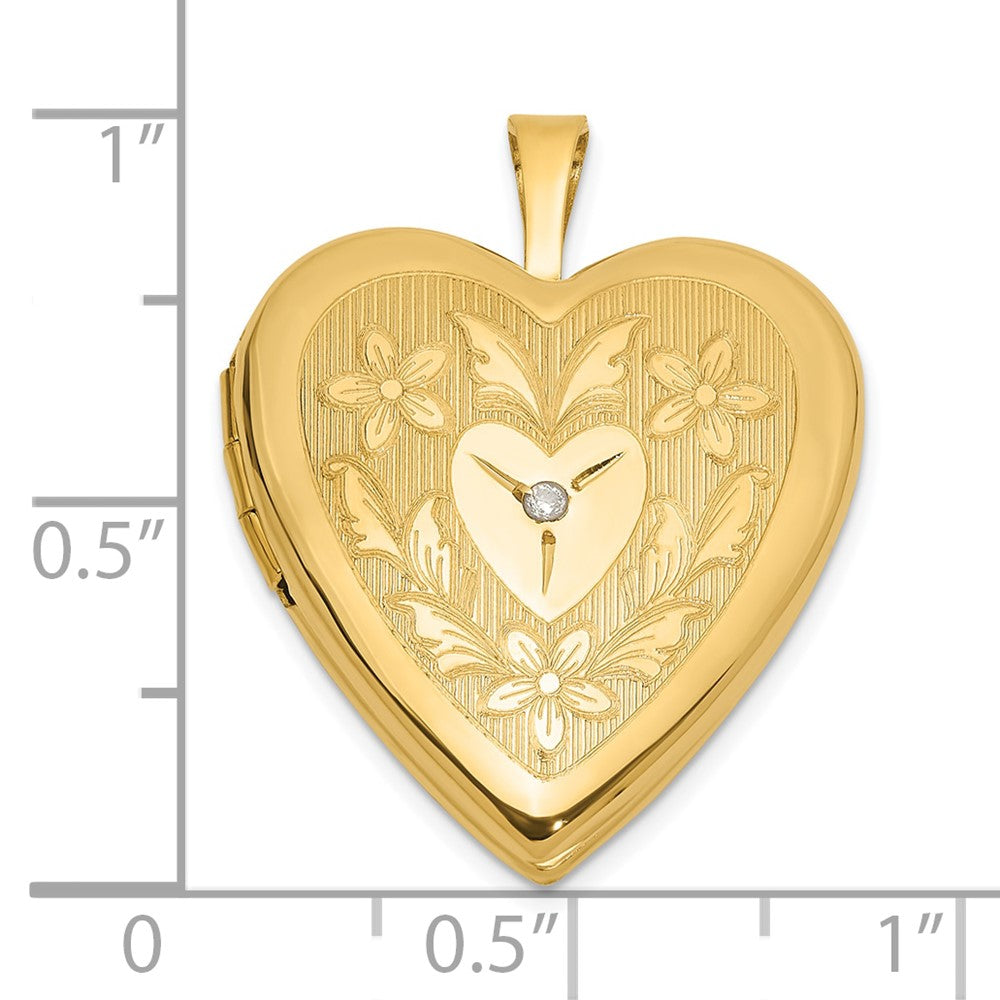 14K Yellow Gold Polished Floral Design Diamond Center 20mm Heart Locket