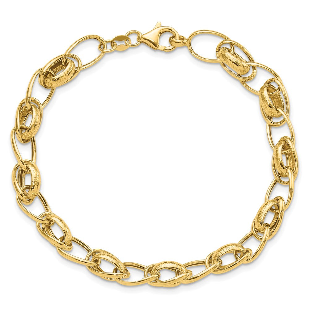 14K Yellow Gold Polished and Textured 7mm Fancy Link 7.5 Inch Bracelet