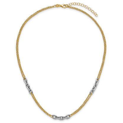 14K Two-Tone Gold Polished 4.8mm Fancy Oval Link and Double Strand Chain 17 Inch Necklace Plus 2 Inch Extender