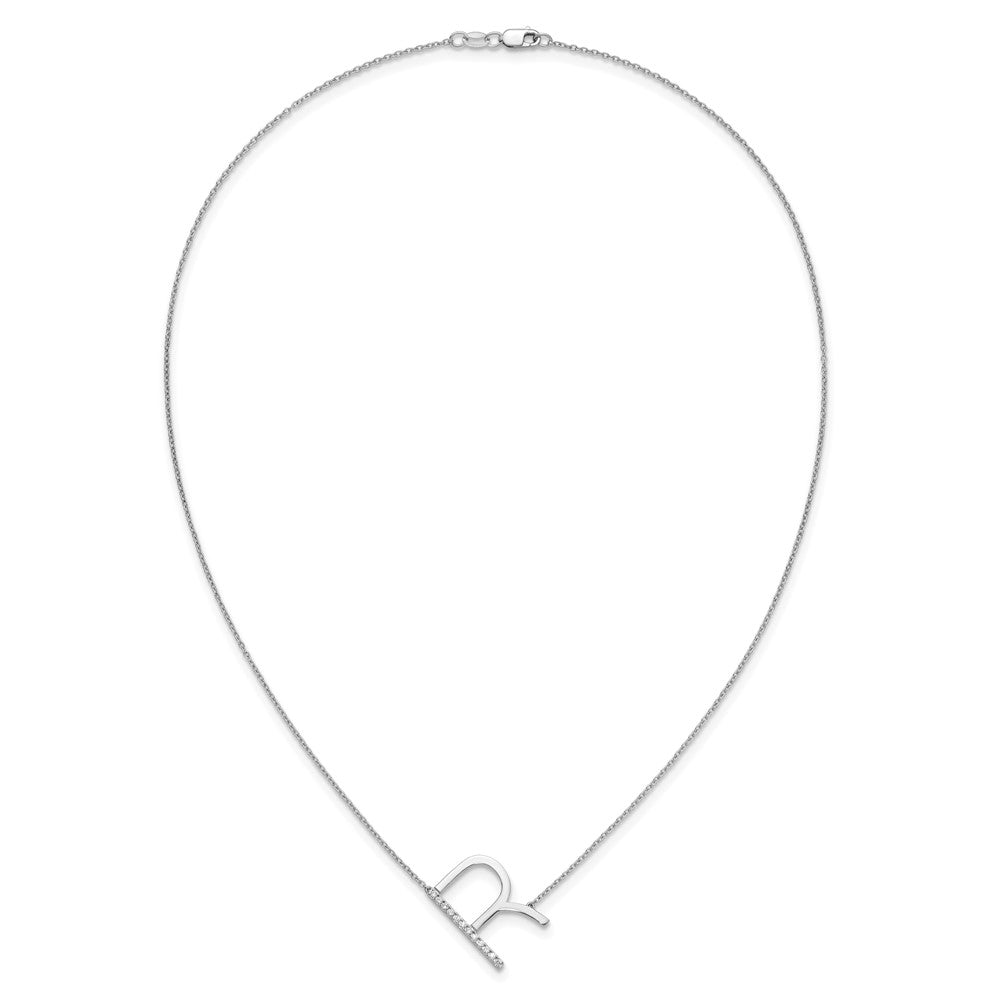 14K White Gold Sideways Diamond Initial R 18 Inch Necklace