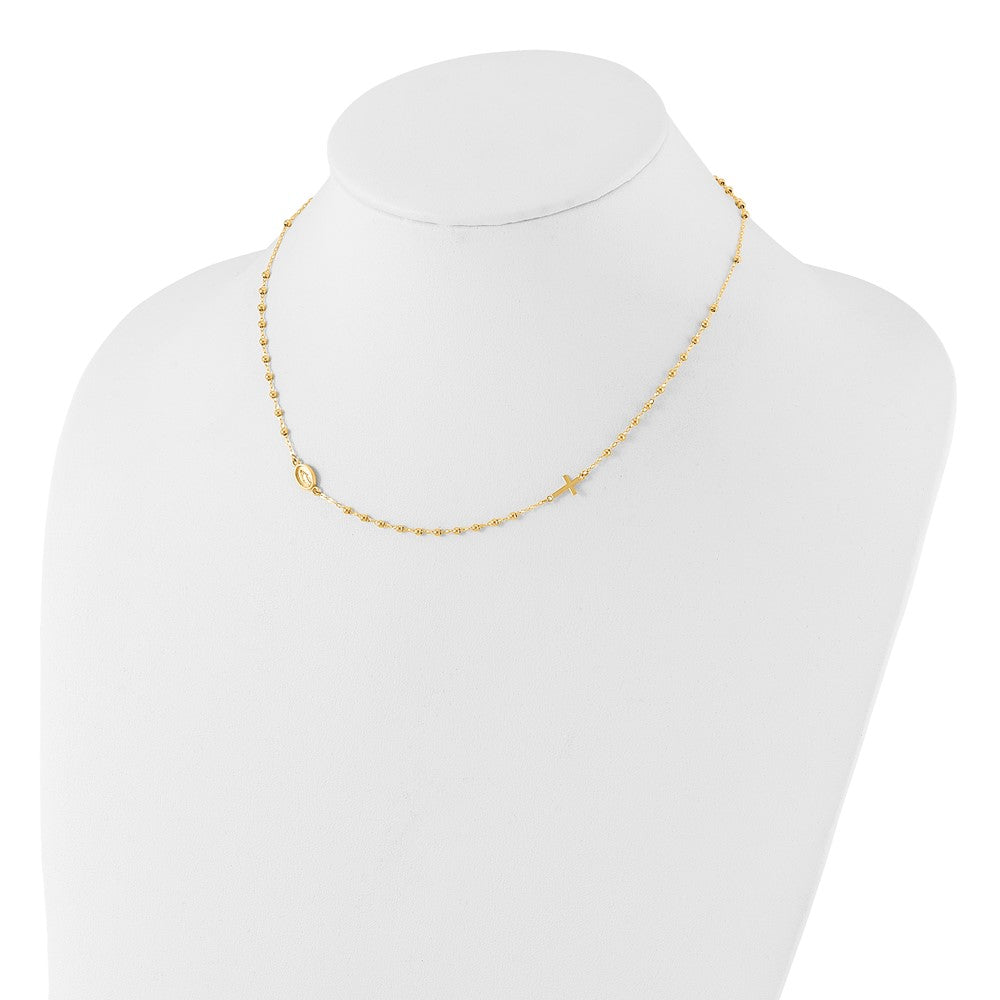 14K Yellow Gold Polished Miraculous Medal and Cross Beaded Rosary Design 16.5 Inch Necklace