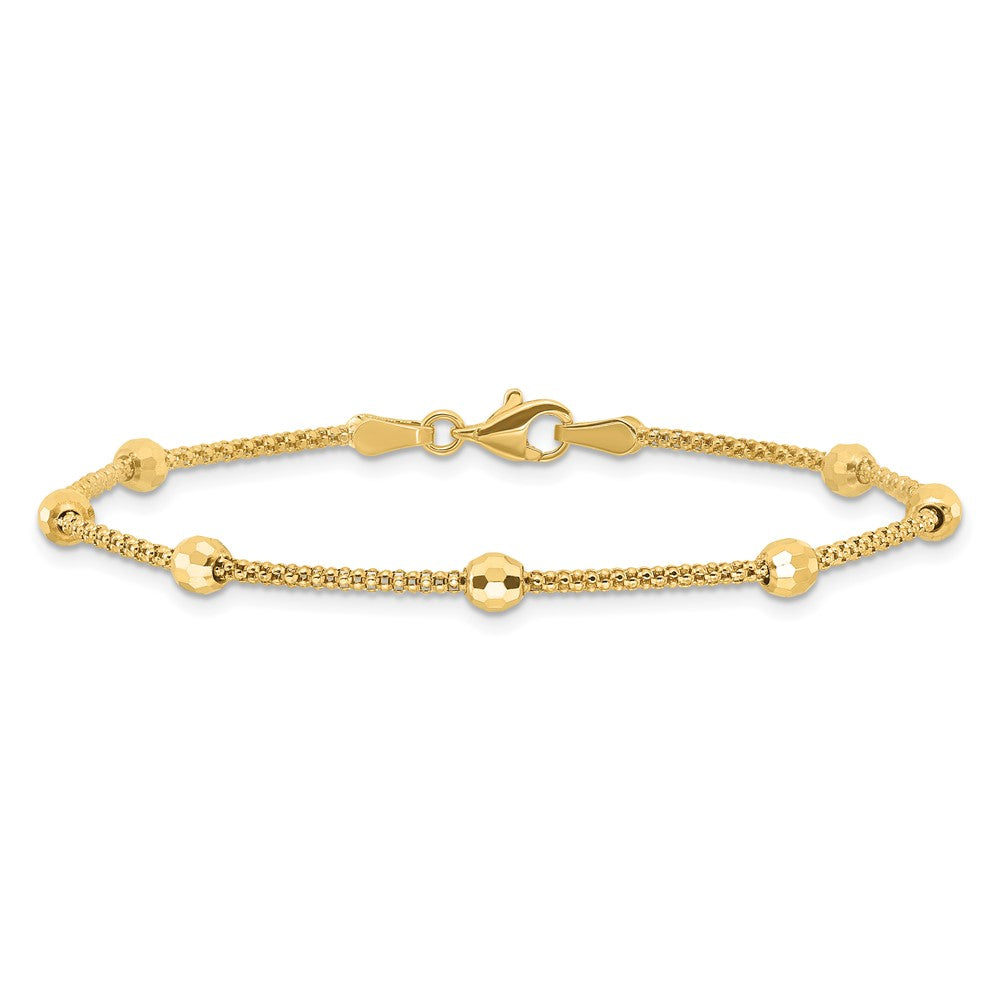 14K Yellow Gold Polished 7-Station Mirror Beads and Chain 7 Inch Bracelet